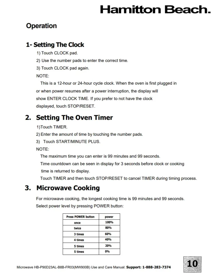 Hamilton Beach Microwave User Manual to Set Clock