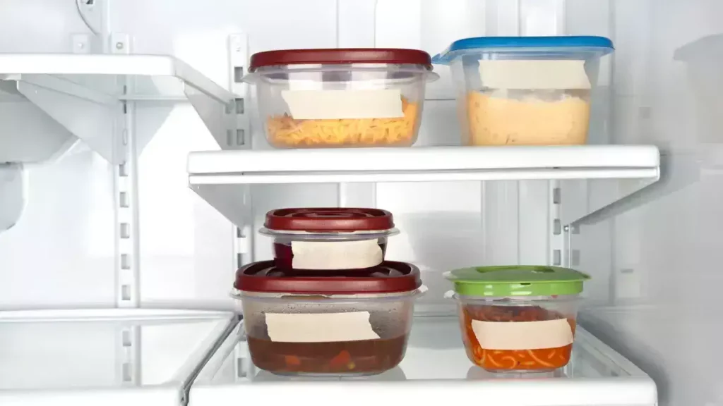 Tupperware containers in the fridge before microwaving