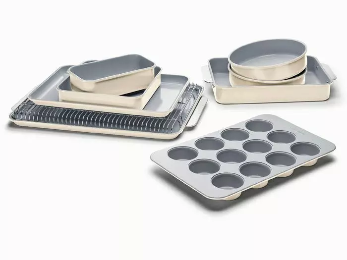 Ceramic, metal, and silicone bakeware displayed together.