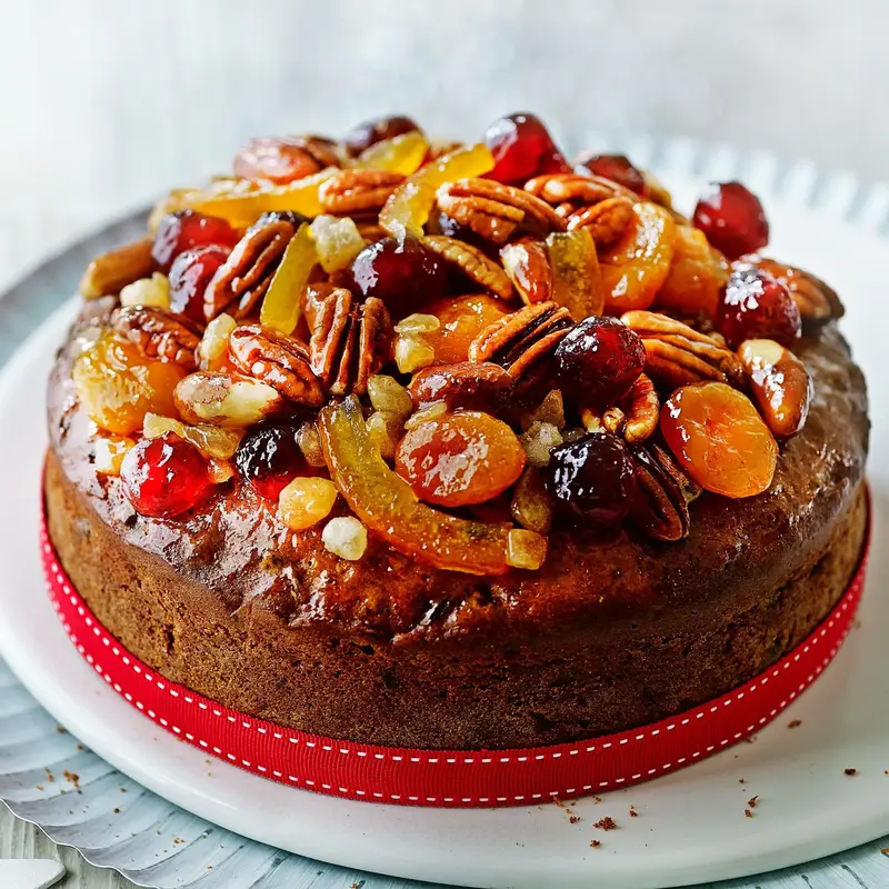 A tasty fruit cake decorated with dried fruits and nuts on top