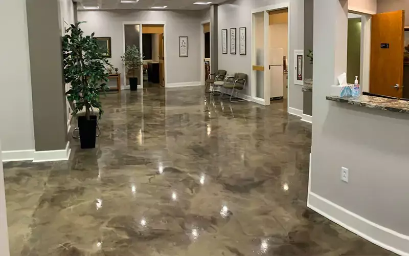 Stunning marble epoxy flooring in a commercial setting, showcasing its durability and stylish appearance