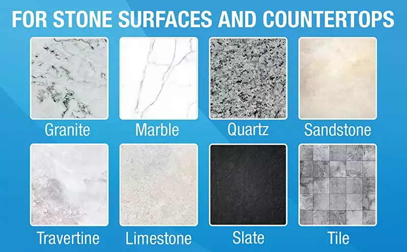 Collection of granite, limestone, marble, and slate stones for outdoor kitchen construction