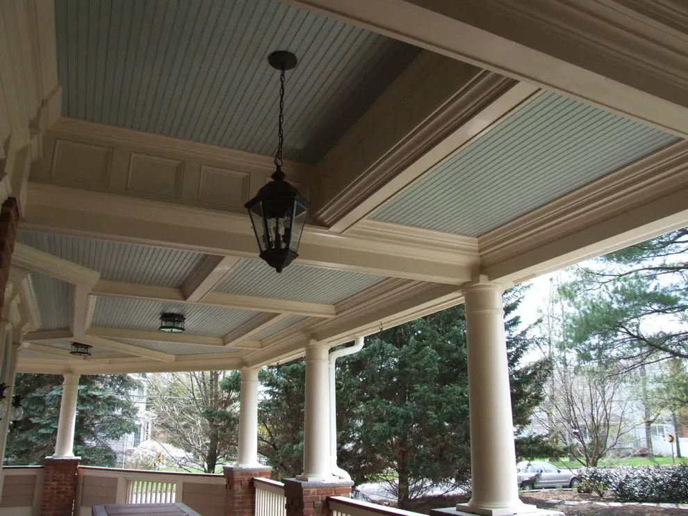 Elegant coffered porch ceiling with recessed panels