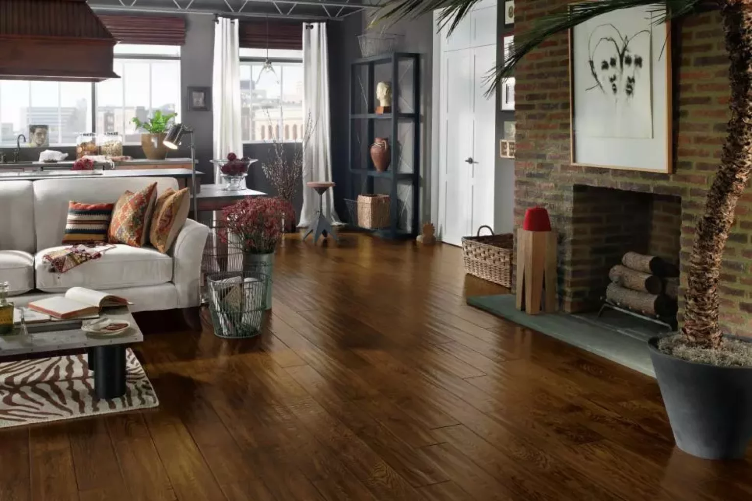 Bright and cozy living room featuring a prefinished hardwood floor.